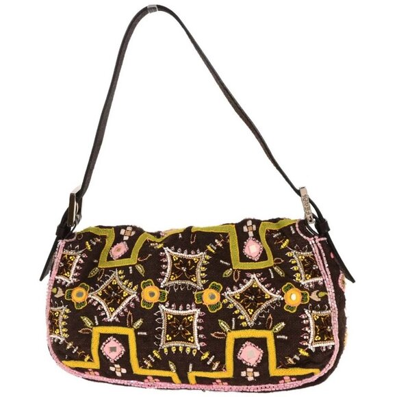 Fendi Brown Cotton Beaded Embroidered Baguette Handbag - Picture 2 of 10